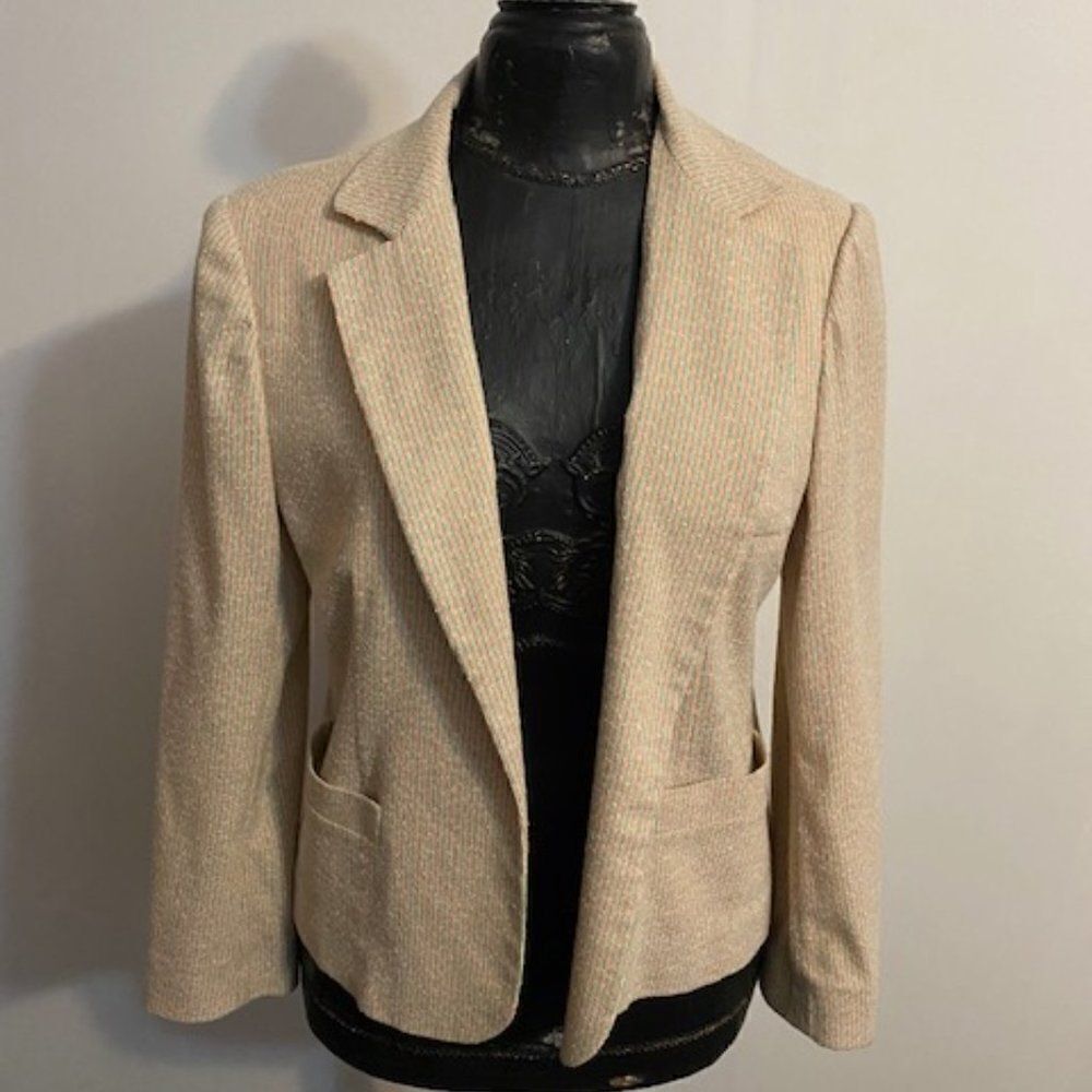 James Kenrob by Dalton Vintage Cream/Peach/Green tweed open blazer, size 14